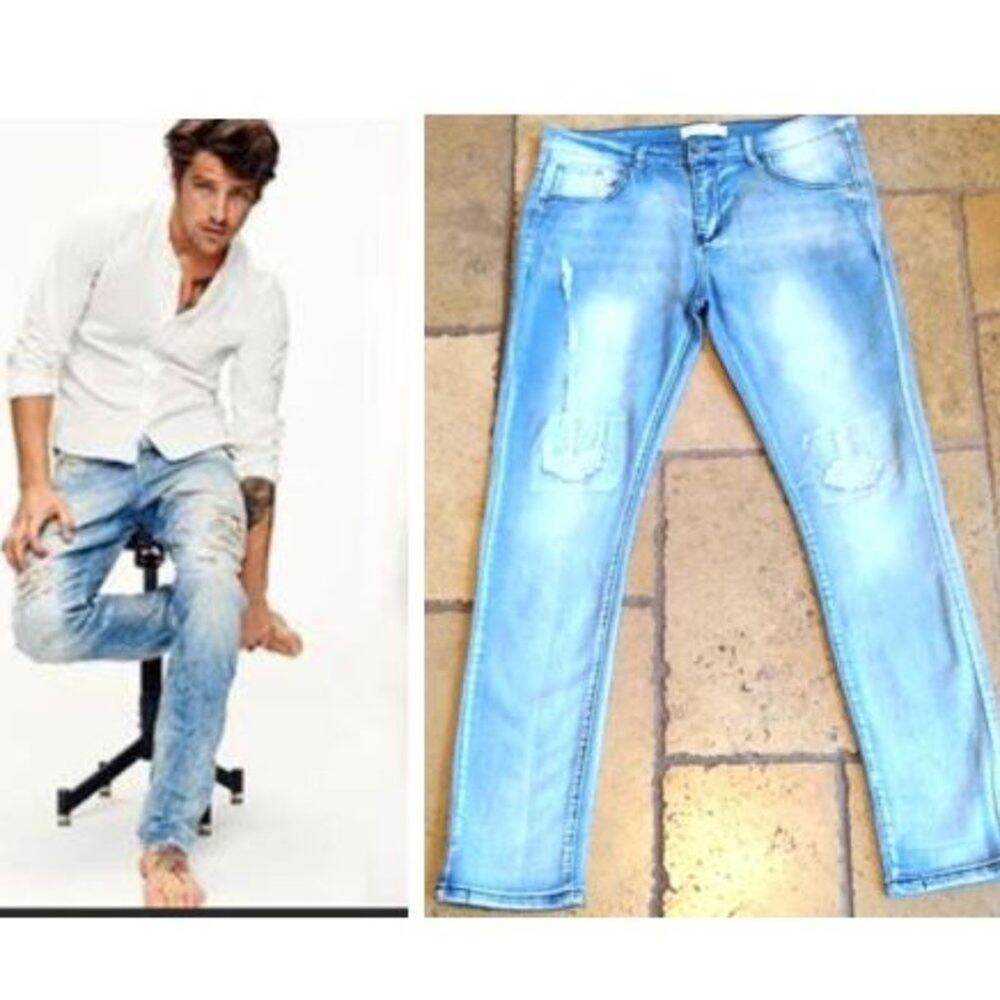 Blue Cult Ombre Fade Jeans W34 x L44 Lt Medium Blue Distress Patchwork Straight